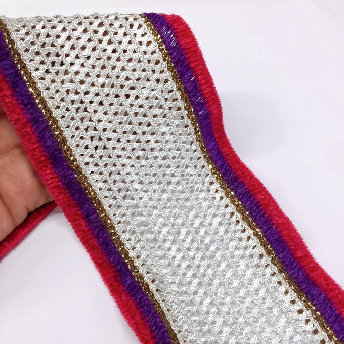 9 METER SILVER GOTA PATTI PATI LACE WITH RED AND GREEN VELVET PIPING LACE, BANARASI SAREE LACE BORDER, RIBBONS, BRIDAL LEHENGA SAREE DUPATTA SUIT ANARKALI LACE INDIAN TRIM TRIMMINGS