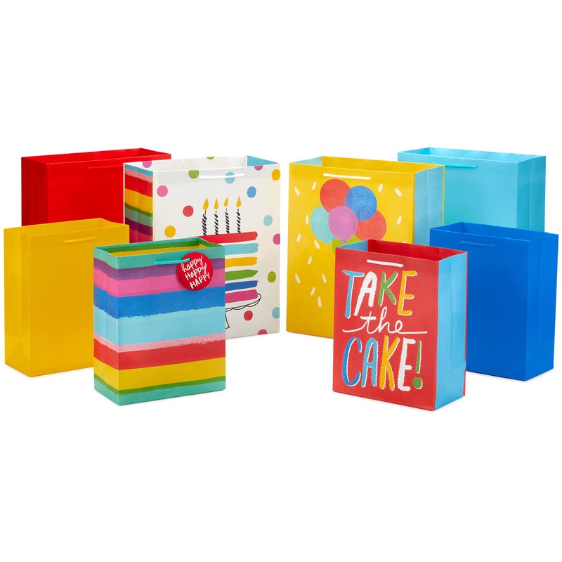 Hallmark Assorted Birthday Gift Bags 8 Bags 4 Medium 9 4 Large 13 Birthday Cake Stripes Balloons Solids in Red Yellow Blue