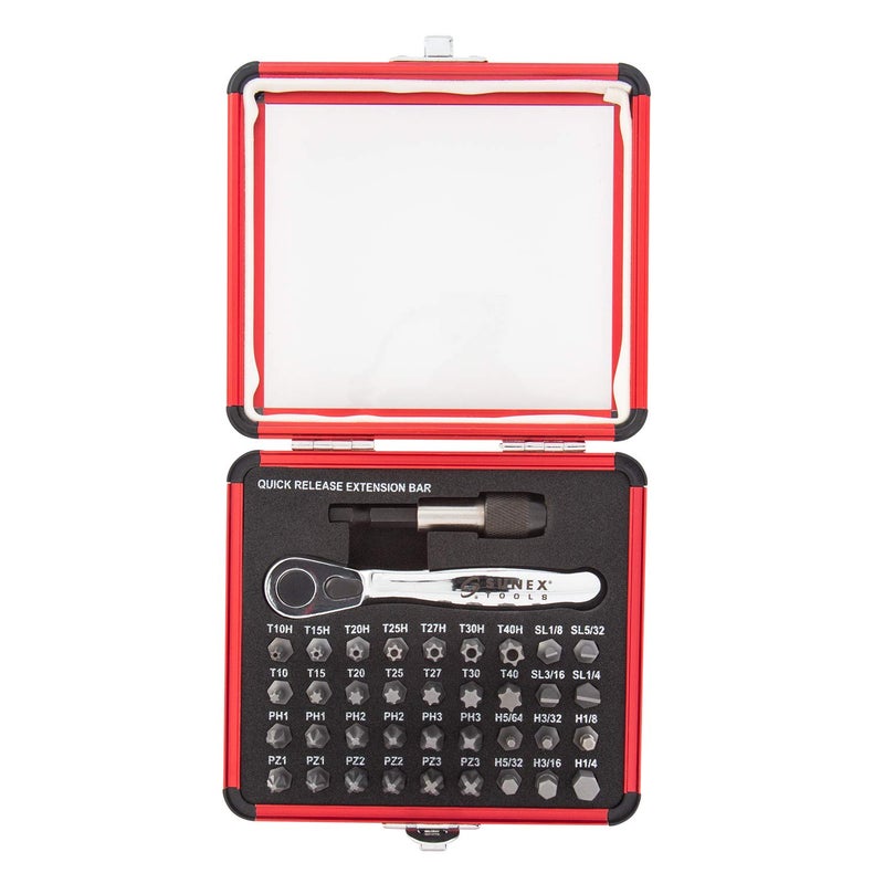 Sunex Tools Sunex 9726 Mini Ratchet and Bit Set 18Inch 14Inch S2 Bits 564Inch 14Inch hex bits 38Piece Silver