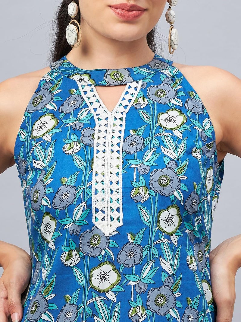 WineRed Woman Blue Floral with Lace Co-Ord Set - Image 4