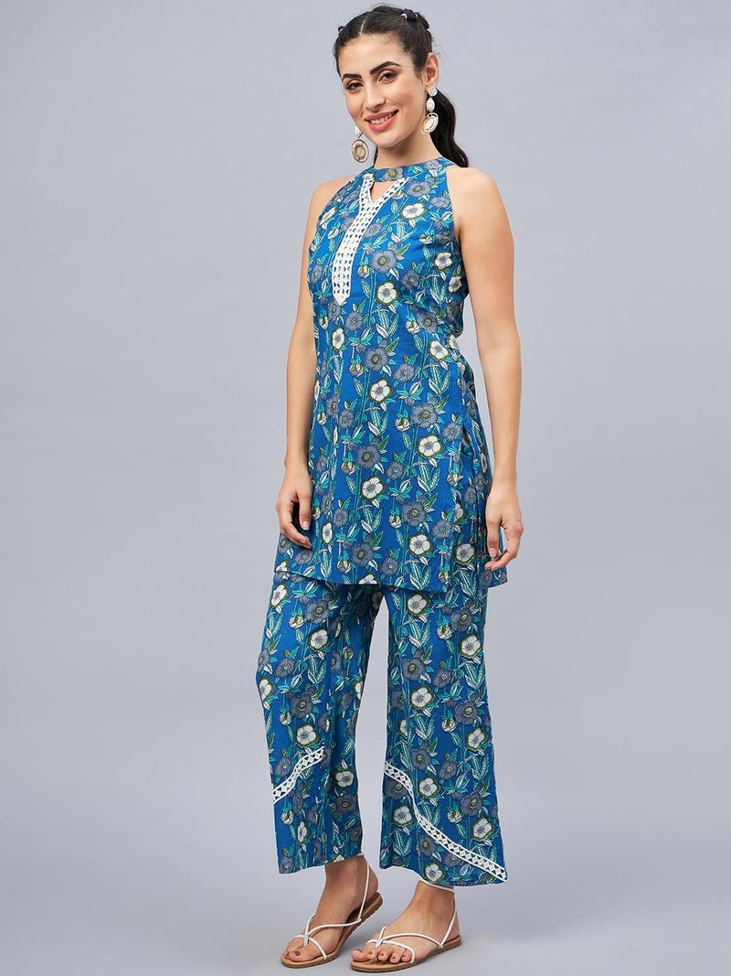 WineRed Woman Blue Floral with Lace Co-Ord Set - Image 3