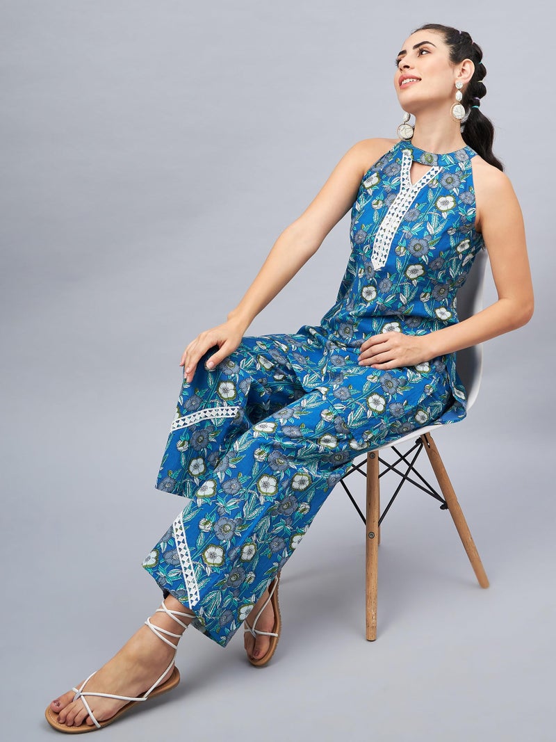 WineRed Woman Blue Floral with Lace Co-Ord Set - Image 2