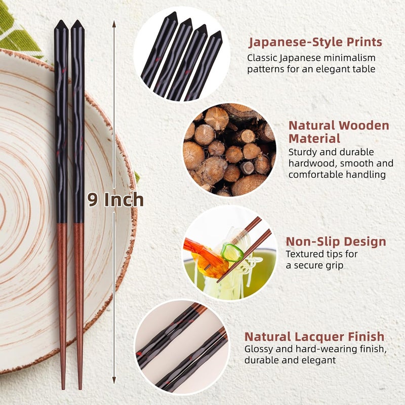 Antner 5 Pairs Hardwood Chopsticks Reusable Japanese Style Natural Wood Chop Stick Hand-Carved Chopstick Gift Set, 9 Inches - Image 2