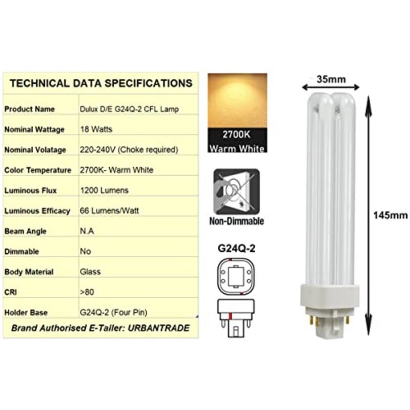 Fluorescent PLC-DDE lamp for general lighting, ceramic material, warm white 2700K, 18 watt energy efficiency, 4-pin G24q-2 base, pack of 10 - Image 5