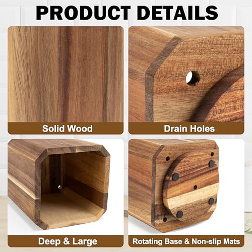 RedCall Acacia Wood Utensil Holder, 360° Rotating Large Cooking Utensil Organizer, Kitchen Tool Storage for Countertop,Spoon Spatula Holder for Kitchen Counter,Farmhouse Decor (1 Pack) - Image 5