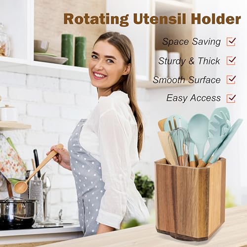RedCall Acacia Wood Utensil Holder, 360° Rotating Large Cooking Utensil Organizer, Kitchen Tool Storage for Countertop,Spoon Spatula Holder for Kitchen Counter,Farmhouse Decor (1 Pack) - Image 3