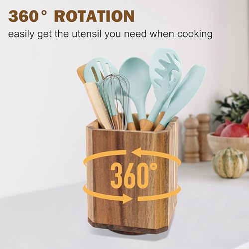 RedCall Acacia Wood Utensil Holder, 360° Rotating Large Cooking Utensil Organizer, Kitchen Tool Storage for Countertop,Spoon Spatula Holder for Kitchen Counter,Farmhouse Decor (1 Pack) - Image 2