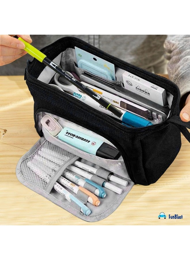 فنبلاست حقائب أقلام FunBlast كبيرة السعة، حقيبة متعددة الأغراض بسحاب، حافظة أقلام أنيقة لطلاب الجامعات، حقيبة مدرسية للفتيات، حقيبة أقلام أنيقة ولطيفة للفتيات، حقيبة كورية (أسود) - Image 2