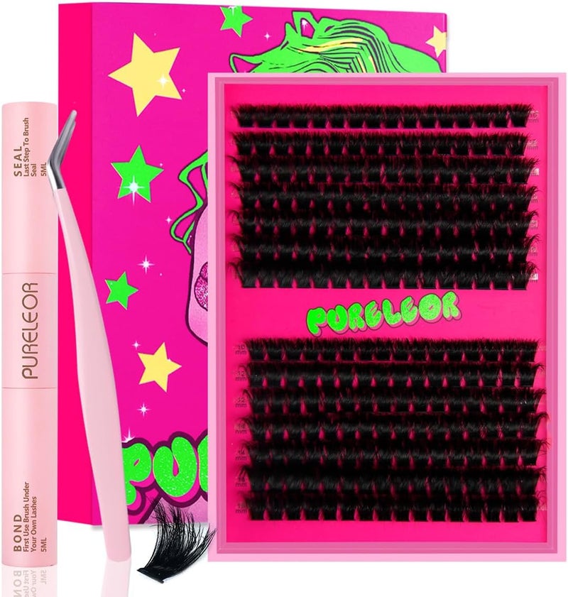 PURELEOR Individual Cluster Lashes Kit Lash Extensions Set DIY Multiple styles Eyelash Clusters with Bond and Seal Tweezers 100D Curl Mixed 1016mm