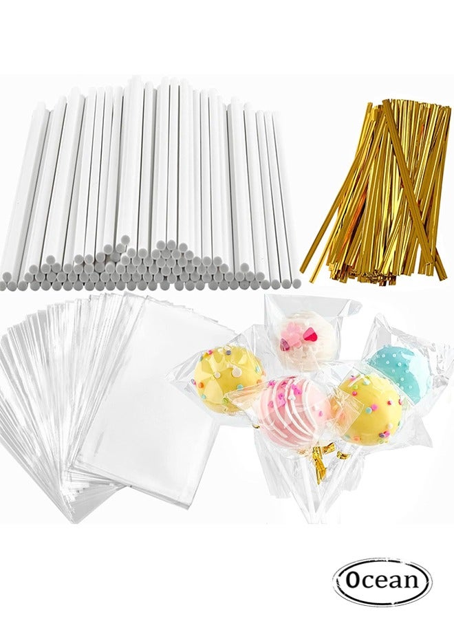 Ocean 300 PCS DIY Cake Pop Sticks and Wrappers Set, Including Paper Lollipop Sticks, Clear Candy Treat Bags Parcel, Gold Twist Ties for Cakepop, Lollipop, Hard Candy, Suckers, Chocolate Gift - Image 1