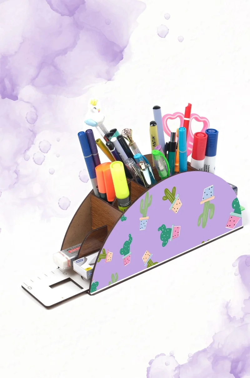 نوتبا Wooden Cactus Rainbow Desktop Pencil Holder Box with Ruler Organizer For Kids GK92