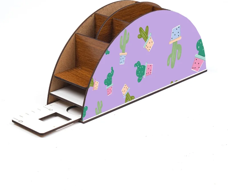 نوتبا Wooden Cactus Rainbow Desktop Pencil Holder Box with Ruler Organizer For Kids GK92