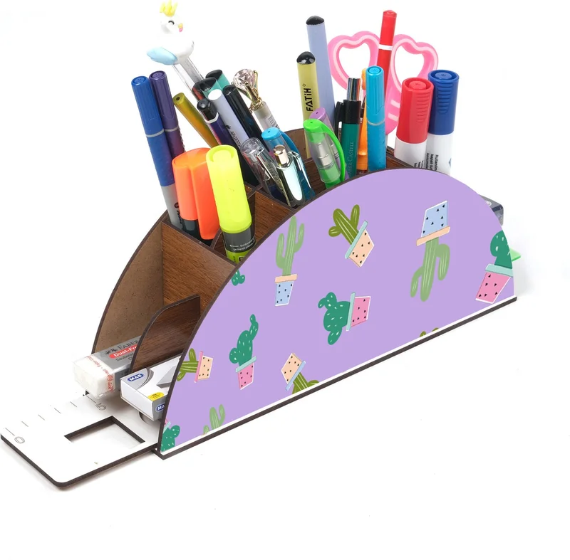 نوتبا Wooden Cactus Rainbow Desktop Pencil Holder Box with Ruler Organizer For Kids GK92