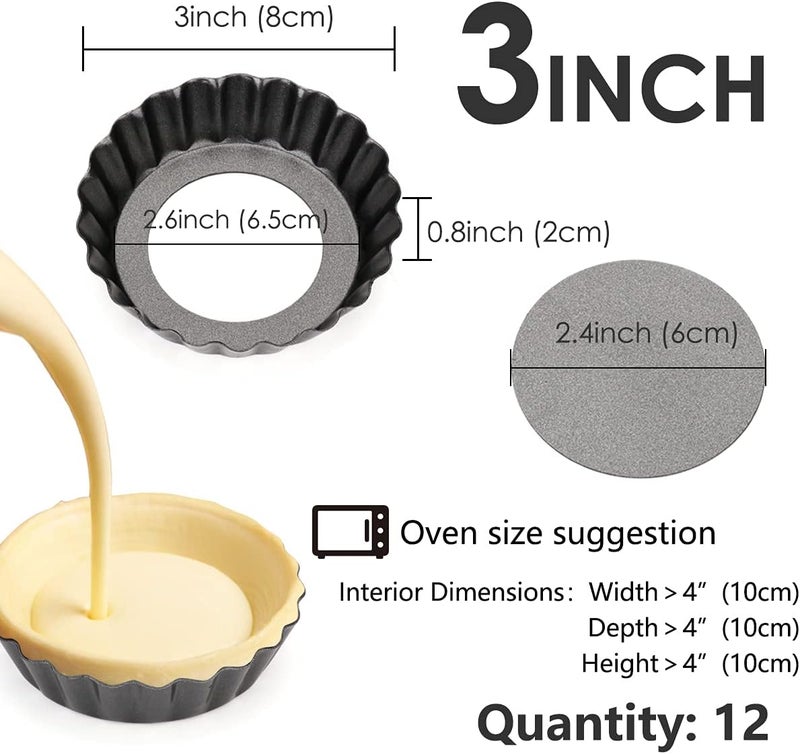 Cyimi 12 pcs Egg Tart Molds, 3" Mini Tart Pans Removable Bottom, Cupcake Cake Muffin Mold Tin Pan Baking Tool, Reusable Quiche Bakeware Carbon Steel for Pies, Quiche, Cheese Cakes, Desserts - Image 2
