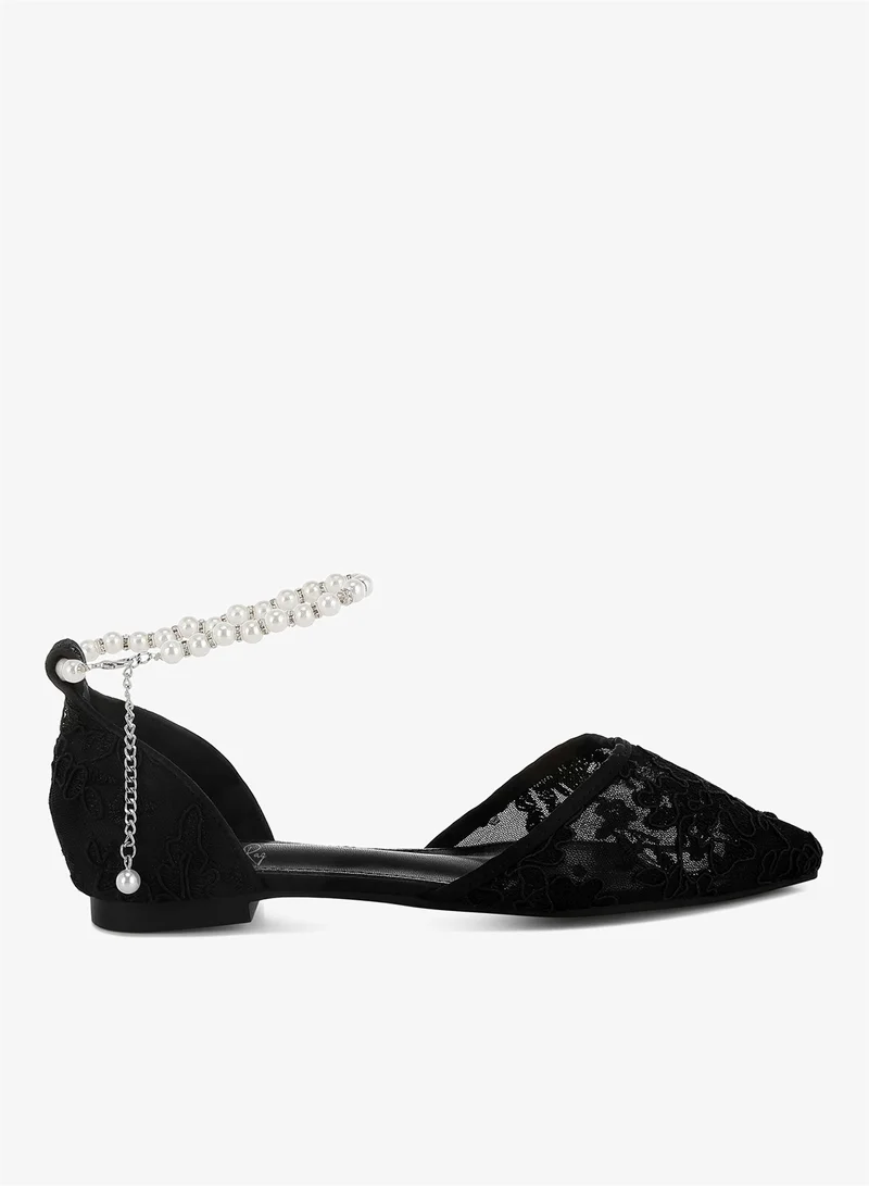 Pearl & Rhinestone Strap Flat Sandals in Black