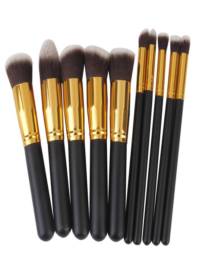 TYAGIRL Wooden Handle with Aluminium Tube Fiber Bristle Makeup Brushes - (Set of 10 Pieces), (Colour - Black & Golden) - Image 1