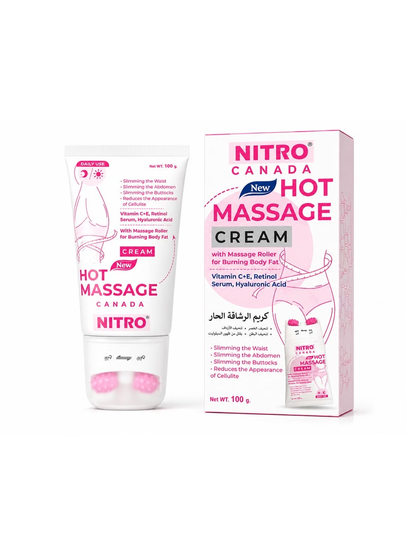 Nitro Canada Hot Massage Cream with Roller, Vitamin C+E, Retinol & Hyaluronic Acid, 100g - Image 1
