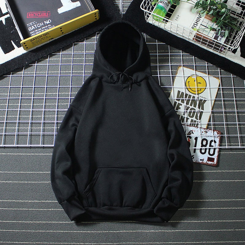 Cross-border autumn and winter fleece-lined light board Korean version of loose men's and women's sweater solid color loose version student pullover hoodie - Image 1