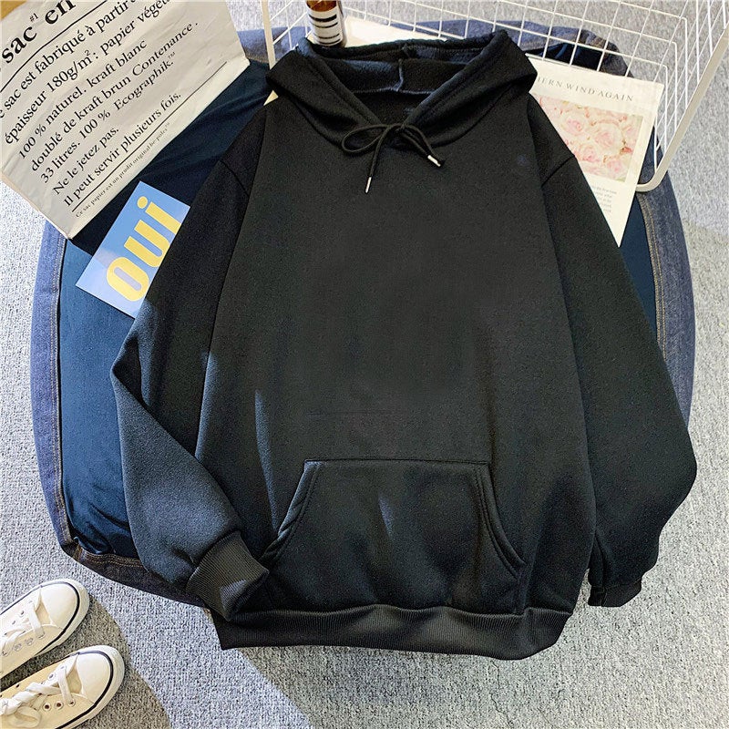 Cross-border autumn and winter fleece-lined light board Korean version of loose men's and women's sweater solid color loose version student pullover hoodie - Image 3