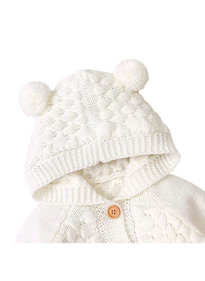 صندوق المفاجآت الصغيرة Infants Ivory White Knitted Cardigan Sweater with Pom Pom Hoodie