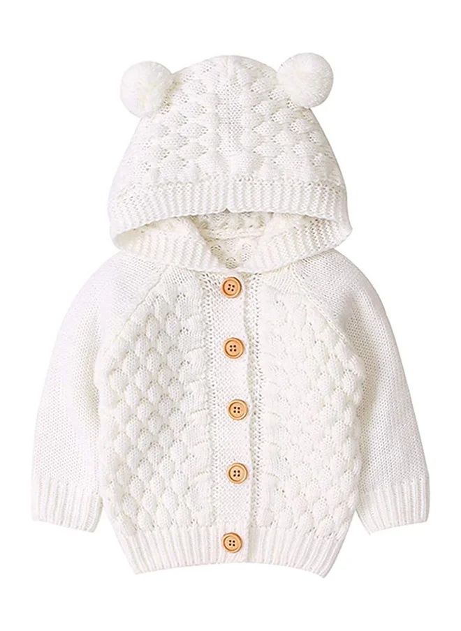 صندوق المفاجآت الصغيرة Infants Ivory White Knitted Cardigan Sweater with Pom Pom Hoodie