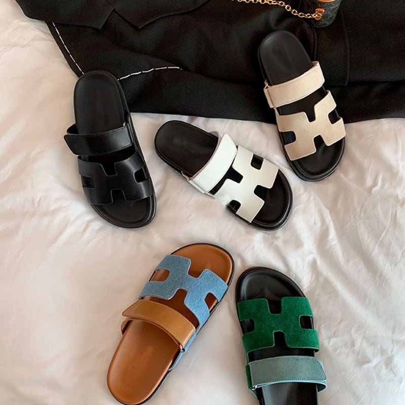 Cross-border plus size 2025 Summer New Foreign Trade Slippers Women's Thick Bottom One Word Velcro European and American Color slippers - Image 2