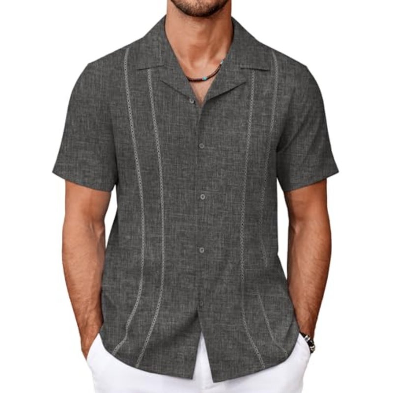 قمصان Guayabera الصيفية للرجال: كتان، أبيض، أكمام قصيرة قابلة للتنفس على الطراز الكوبي، أزرار سفلية - Image 1