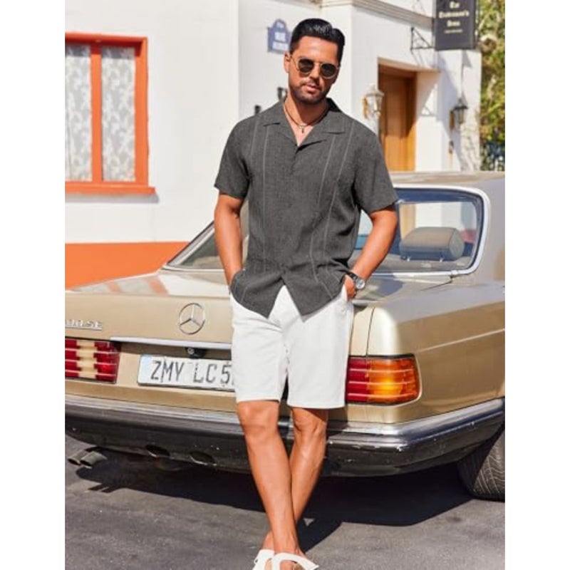 قمصان Guayabera الصيفية للرجال: كتان، أبيض، أكمام قصيرة قابلة للتنفس على الطراز الكوبي، أزرار سفلية - Image 3