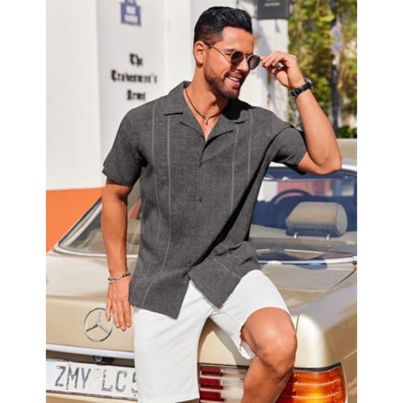 قمصان Guayabera الصيفية للرجال: كتان، أبيض، أكمام قصيرة قابلة للتنفس على الطراز الكوبي، أزرار سفلية - Image 2