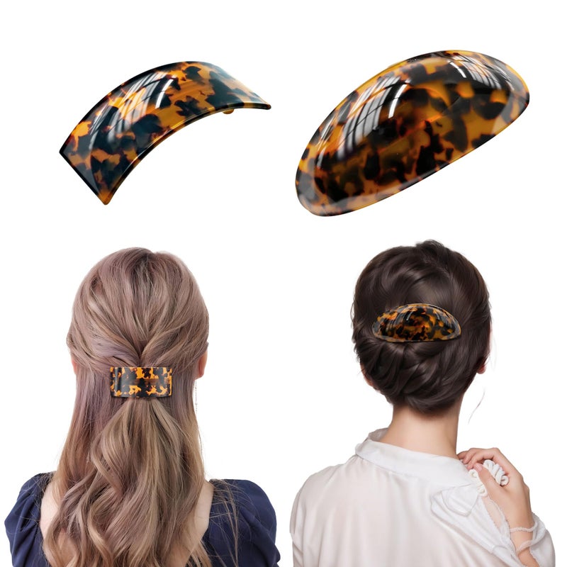 YIERSO French Oval Barrette Hair Clips,Acetate Large Vintage Tortoise Shell Barrettes,Strong Hold No-Slip Grip Metal Clasp,2-Pack 4"&3" Hair Accessories for Thick Wavy Long Hair Women Gift (Tortoise) - Image 1