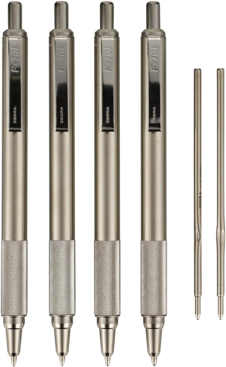 Zebra Pen F-701 Retractable Ballpoint Pen, Stainless Steel Barrel, Fine Point, 0.8mm, Black Ink, 4-Pack with Refills - Image 1