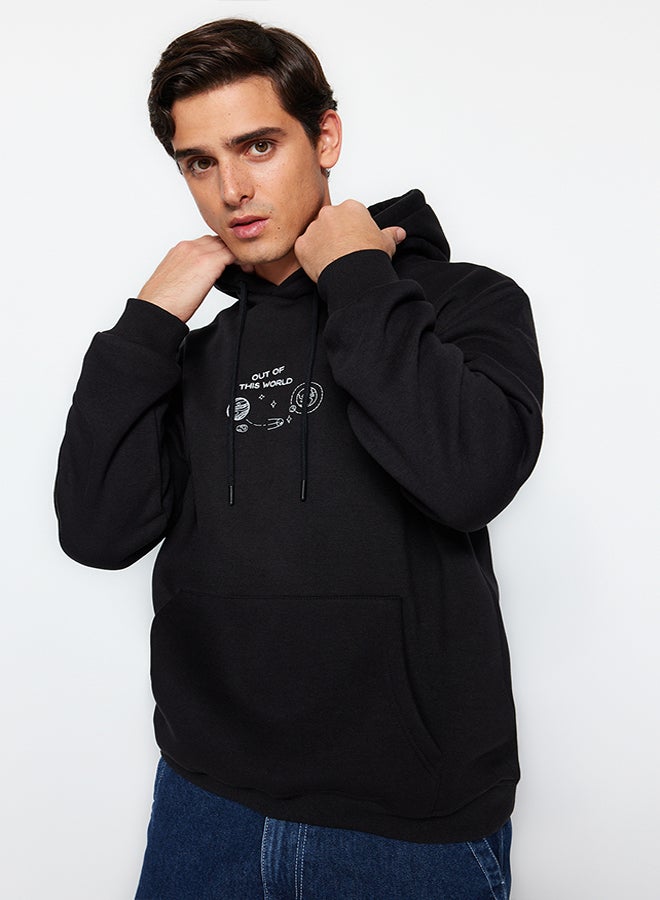 trendyol Black Regular Cut Space Embroidered Hooded Cotton Sweatshirt with Fleece Inside TMNAW24SW00101 - Image 1