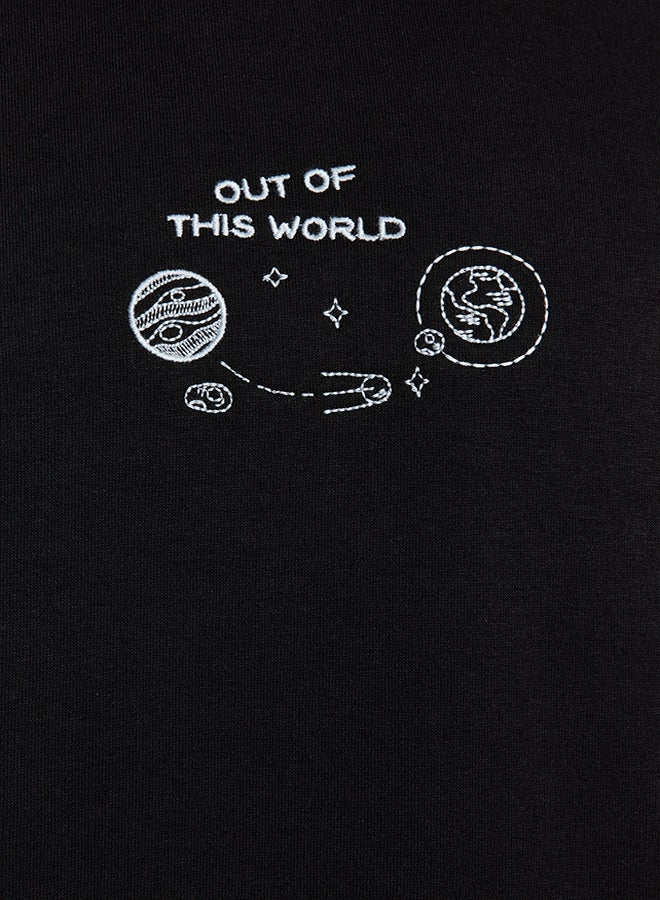 trendyol Black Regular Cut Space Embroidered Hooded Cotton Sweatshirt with Fleece Inside TMNAW24SW00101 - Image 3