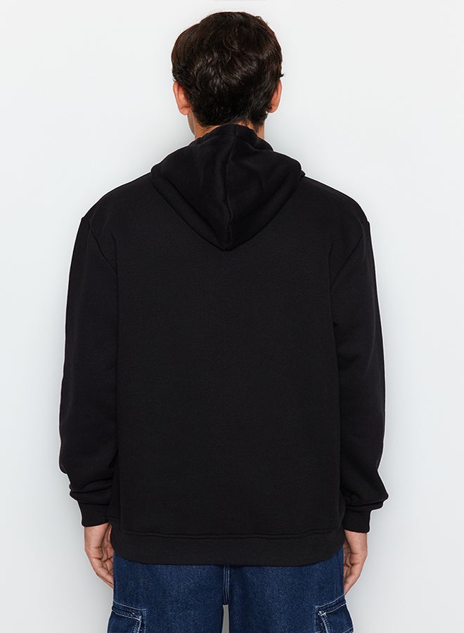 trendyol Black Regular Cut Space Embroidered Hooded Cotton Sweatshirt with Fleece Inside TMNAW24SW00101 - Image 5