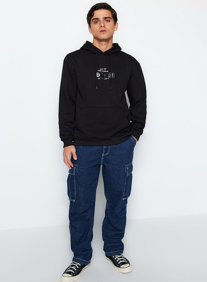 trendyol Black Regular Cut Space Embroidered Hooded Cotton Sweatshirt with Fleece Inside TMNAW24SW00101 - Image 4