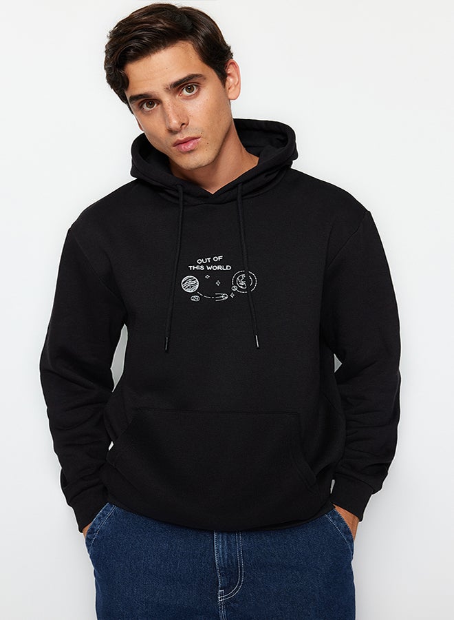 trendyol Black Regular Cut Space Embroidered Hooded Cotton Sweatshirt with Fleece Inside TMNAW24SW00101 - Image 2