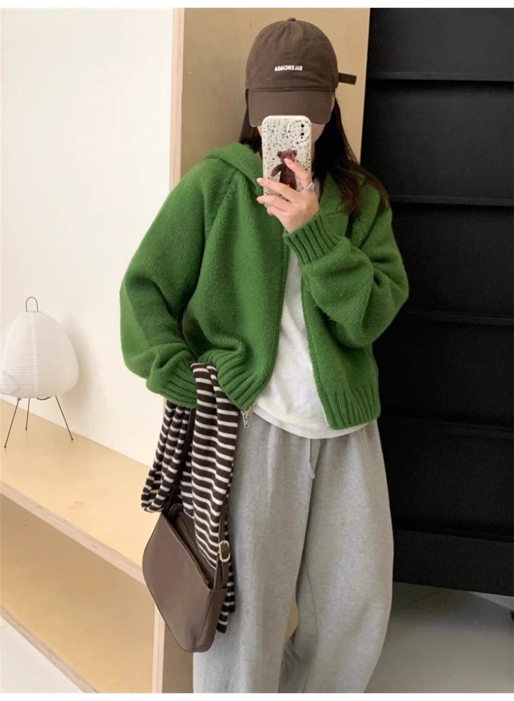 NIBEMINENT Solid Color Knitted Zipper Cardigan for Women Autumn Winter Short Hooded Sweater Jacket Female Casual All-Match Loose Knitwear