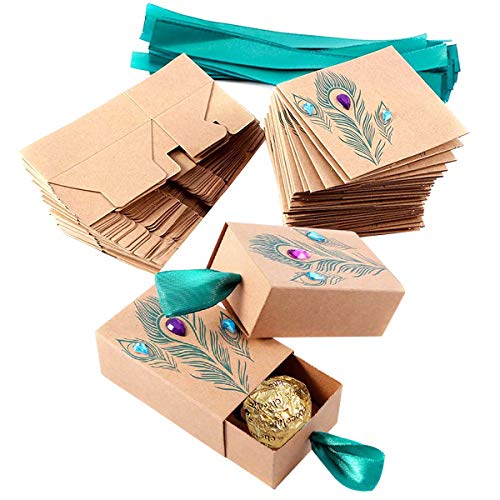 Faylapa Suitcase Candy Boxes Party Favor Candy Box Vintage Kraft Paper Gift Bag for Travel Theme PartyWeddingBirthdayBridal Shower Peacock Feather 50pcs