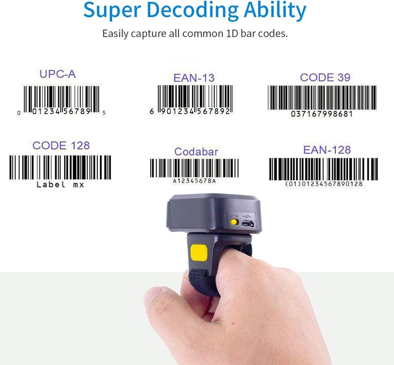 symcode Wireless Bluetooth Barcode Scanner with Bluetooth & 2.4GHz Wireless & Wired Connection, Portable Ring Wearable Finger 1D Mini Bar Code Reader Scanner - Image 2