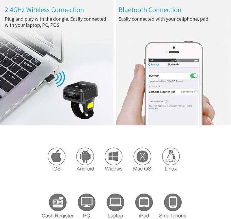 symcode Wireless Bluetooth Barcode Scanner with Bluetooth & 2.4GHz Wireless & Wired Connection, Portable Ring Wearable Finger 1D Mini Bar Code Reader Scanner - Image 4