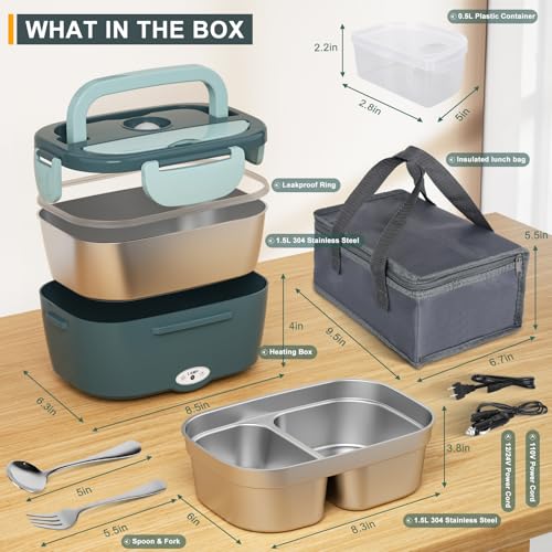 Monteka Electric Lunch Box Food Heater, Upgrade 100W High Power Portable Food Warmer, Heated Lunch Box for Adults Car/Home with 1.8L Removable Stainless Steel Container, 12V/24V/110V/220V - Image 3