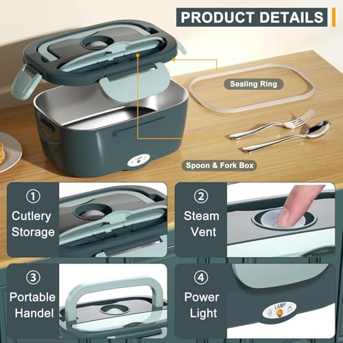 Monteka Electric Lunch Box Food Heater, Upgrade 100W High Power Portable Food Warmer, Heated Lunch Box for Adults Car/Home with 1.8L Removable Stainless Steel Container, 12V/24V/110V/220V - Image 5