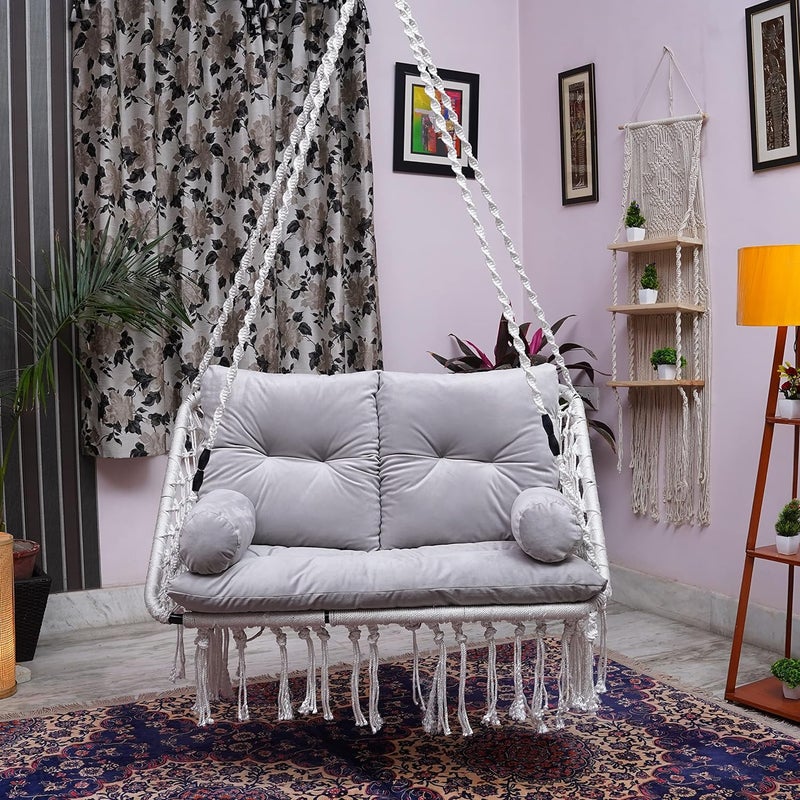 Patiofy Cotton Premium White Double Seater Hanging Swing 2 Seater Swing For BalconySwing For Adults For Home For 2 PeopleJhula With Grey Full Body Sitting Cushion Hanging Kit