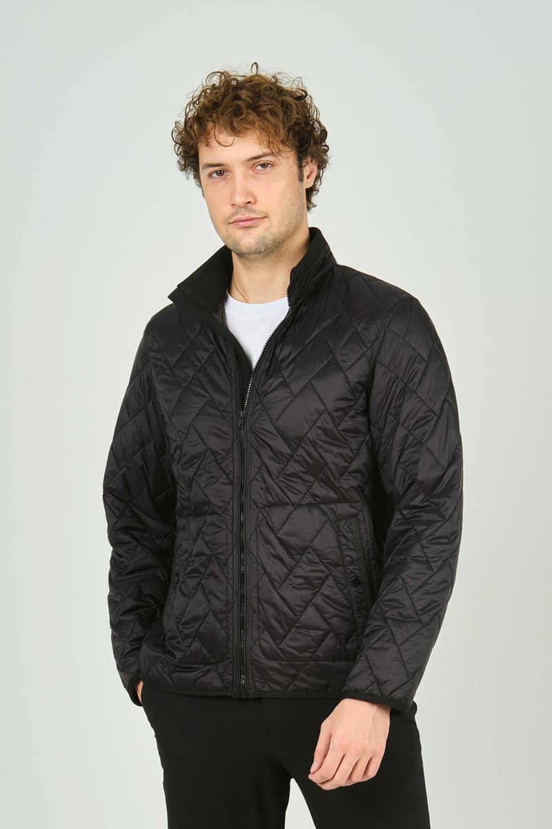 Allegro Men's Stand Collar Zippered Pocket Detailed Quilted Coat 4355 Black  - Image 2