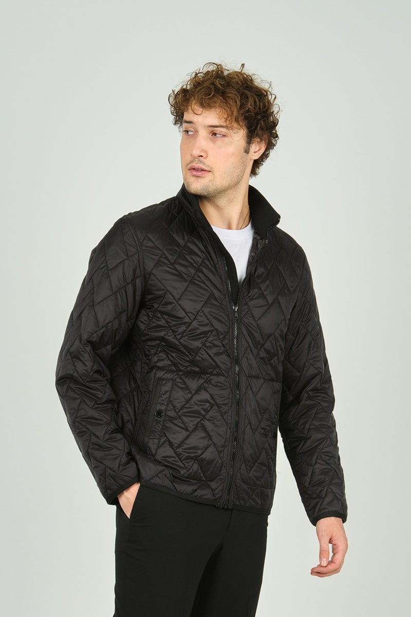 Allegro Men's Stand Collar Zippered Pocket Detailed Quilted Coat 4355 Black  - Image 3