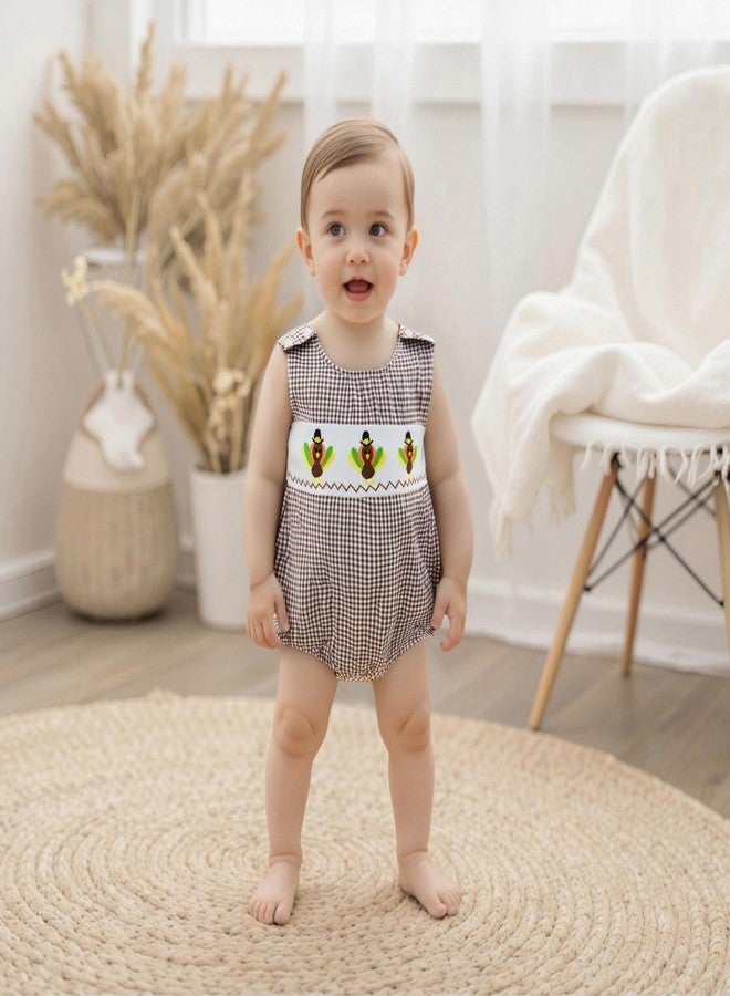 Mobbdow Newborn Baby Boy Thanksgiving Outfit Turkey Embroidery Sleeveless Smocked Bubble Romper Plaid Bodysuit Fall Clothes (A-Coffee, 3-6 Months) - Image 4