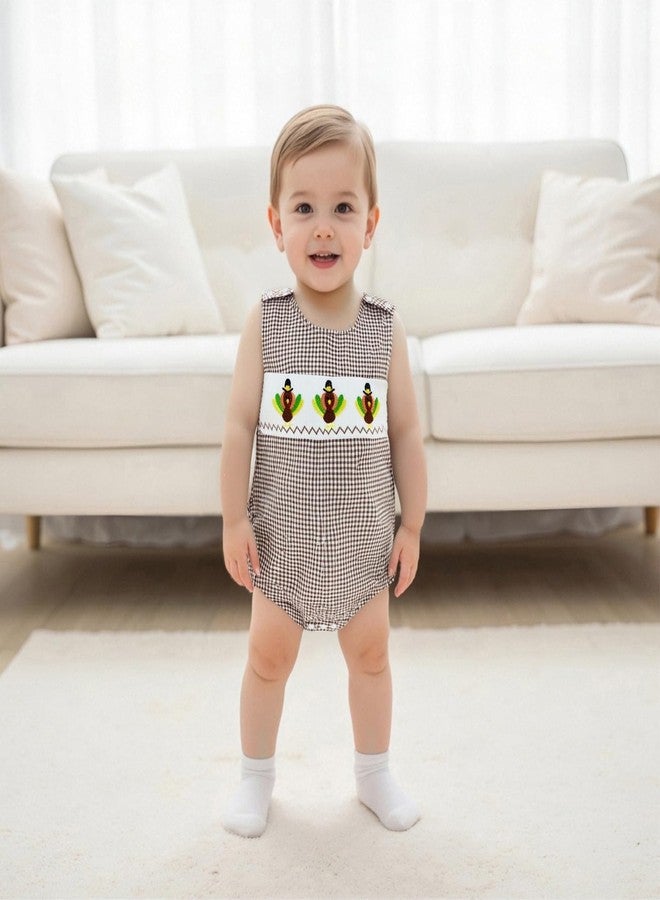 Mobbdow Newborn Baby Boy Thanksgiving Outfit Turkey Embroidery Sleeveless Smocked Bubble Romper Plaid Bodysuit Fall Clothes (A-Coffee, 3-6 Months) - Image 3