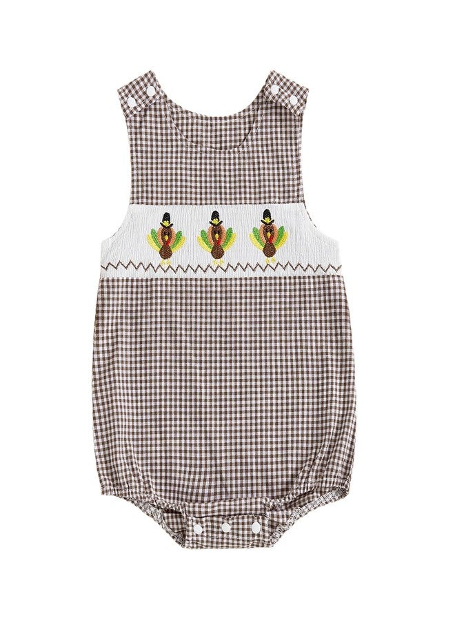 Mobbdow Newborn Baby Boy Thanksgiving Outfit Turkey Embroidery Sleeveless Smocked Bubble Romper Plaid Bodysuit Fall Clothes (A-Coffee, 3-6 Months) - Image 1