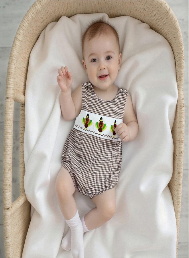 Mobbdow Newborn Baby Boy Thanksgiving Outfit Turkey Embroidery Sleeveless Smocked Bubble Romper Plaid Bodysuit Fall Clothes (A-Coffee, 3-6 Months) - Image 2