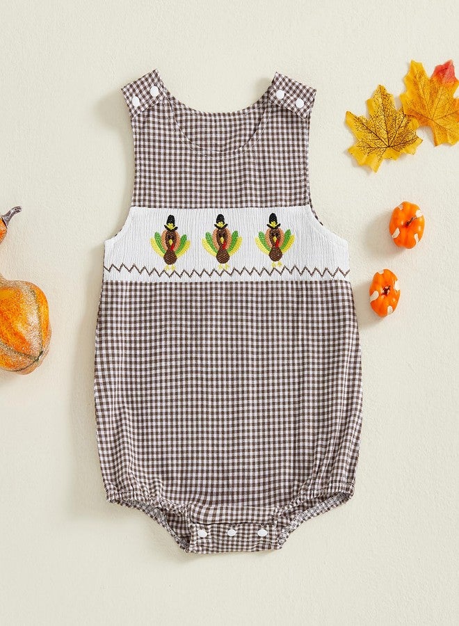 Mobbdow Newborn Baby Boy Thanksgiving Outfit Turkey Embroidery Sleeveless Smocked Bubble Romper Plaid Bodysuit Fall Clothes (A-Coffee, 3-6 Months) - Image 5